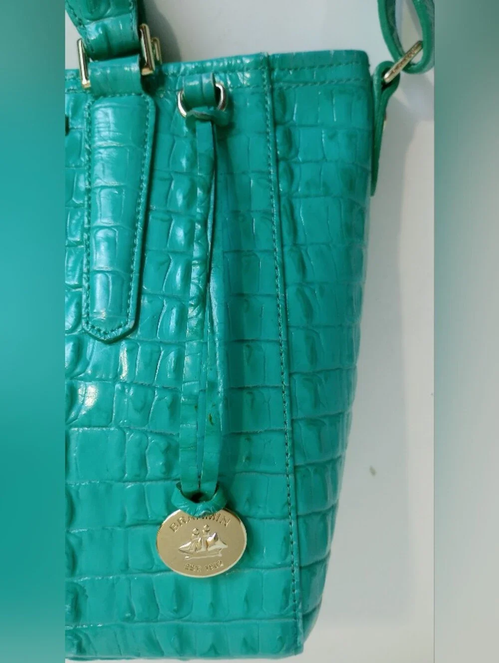Brahmin Turquoise La Scala Mini Arno Croc Embossed Leather Crossbody Satchel Bag